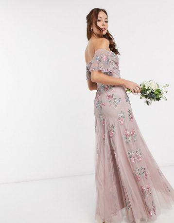 Maya Bridesmaid all over floral embellished bardot maxi dress in pink