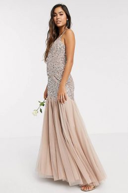 Maya strappy delicate sequin fishtail maxi bridesmaid dress in taupe blush