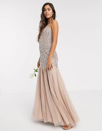 Maya strappy delicate sequin fishtail maxi bridesmaid dress in taupe blush