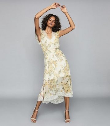 Reiss Emlin Floral Printed Midi Dress White Cream Yellow