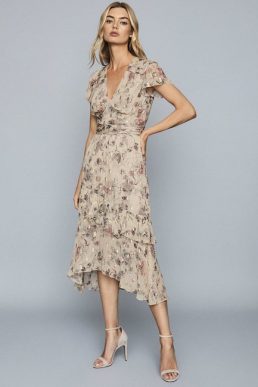 Reiss Audrey Lame Detailed Chiffon Midi Floral Dress Nude Brown Metallic