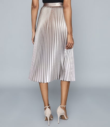 metallic pleated midi skirt uk