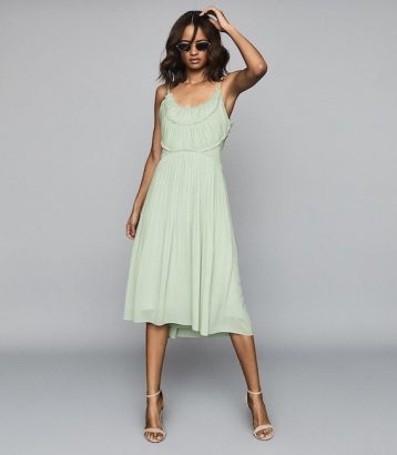 Reiss Thora Pleated Chiffon Dress Aqua Pale Green