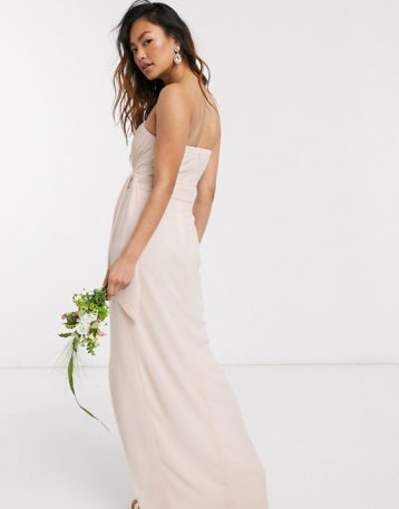 TFNC bridesmaid exclusive bandeau wrap midaxi dress with pleated detail in ecru/nude - Image 2