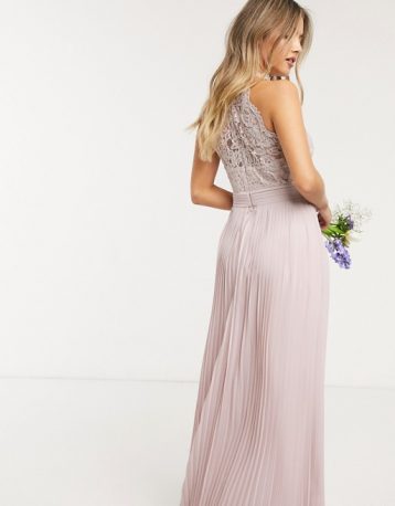 TFNC bridesmaid lace halterneck maxi dress in pink blush