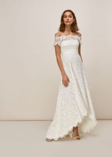 Whistles Rose Lace Bardot High Low Wedding Dress Ivory