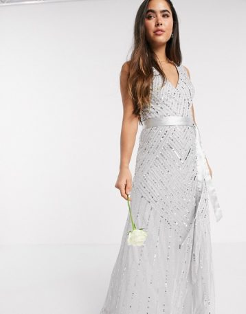 Amelia Rose Bridesmaid embellished wrap maxi dress in silver