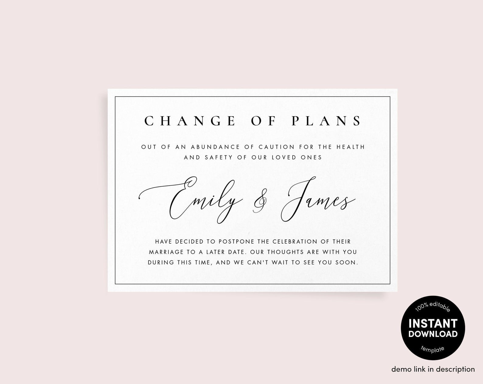 Change of Plans Announcement Template • Black and White Wedding Postponed Reschedule Download | Minimal Template | Corjl Instant Printable