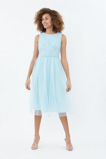 Coast Tulle Ruched Bodice Midi Dress Light Ice Blue