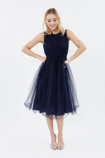 Coast Tulle Ruched Bodice Midi Dress Navy