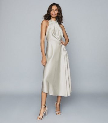 Reiss Rita Halterneck Satin Midi Dress Silver Grey Metallic