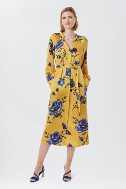 Hobbs Rosalind Floral Sleeve Midi Dress Yellow Blue