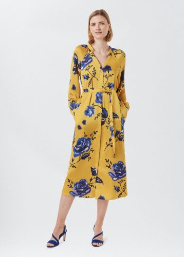 Hobbs Rosalind Floral Sleeve Midi Dress Yellow Blue