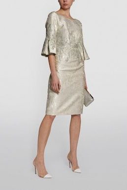 John Charles Brocade Bell Sleeve Midi Dress, Sea Mist Light Gold Champagne