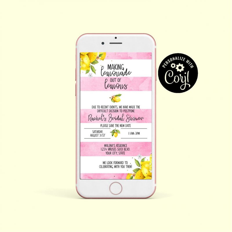 Lemon Postponed Announcement, Pink Lemon, Bridal Shower, Couples Shower, Wedding, Phone Announcement, Make Lemonade with Lemons, Digital