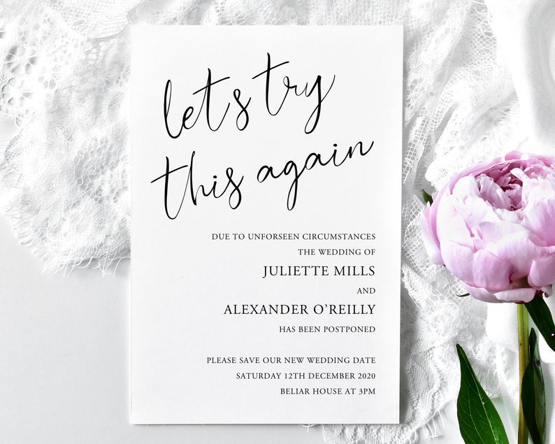 Lets try the again card - Wedding Postponed Card - Wedding Date Moved - Change of Plans Card - Change the Date Invite Cards