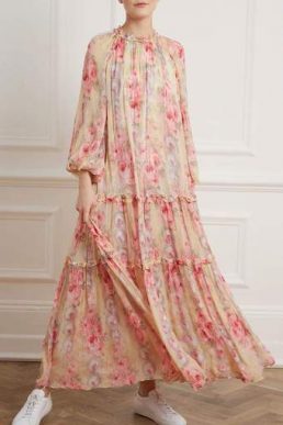 Needle & Thread Ruby Bloom Long Sleeve Maxi Gown Pink Multi