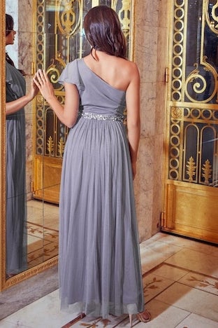 Sistaglam Mariah One Shoulder Sequin Belt Maxi Dress Grey