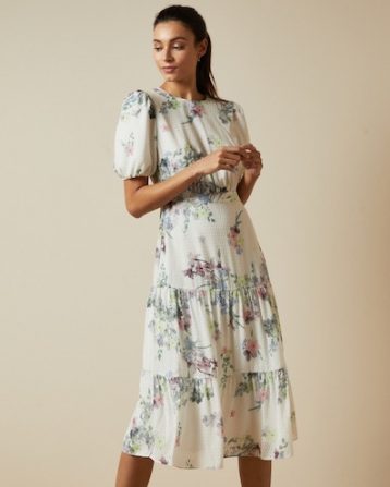 Ted Baker GROVE Pergola puff sleeved midi dress Ivory Multi