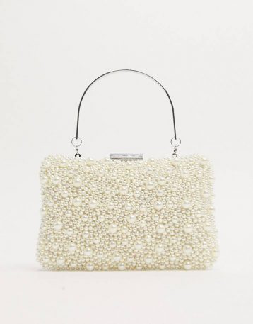 True Decadence pearl embellished bag with metal grab handle Cream Ivory