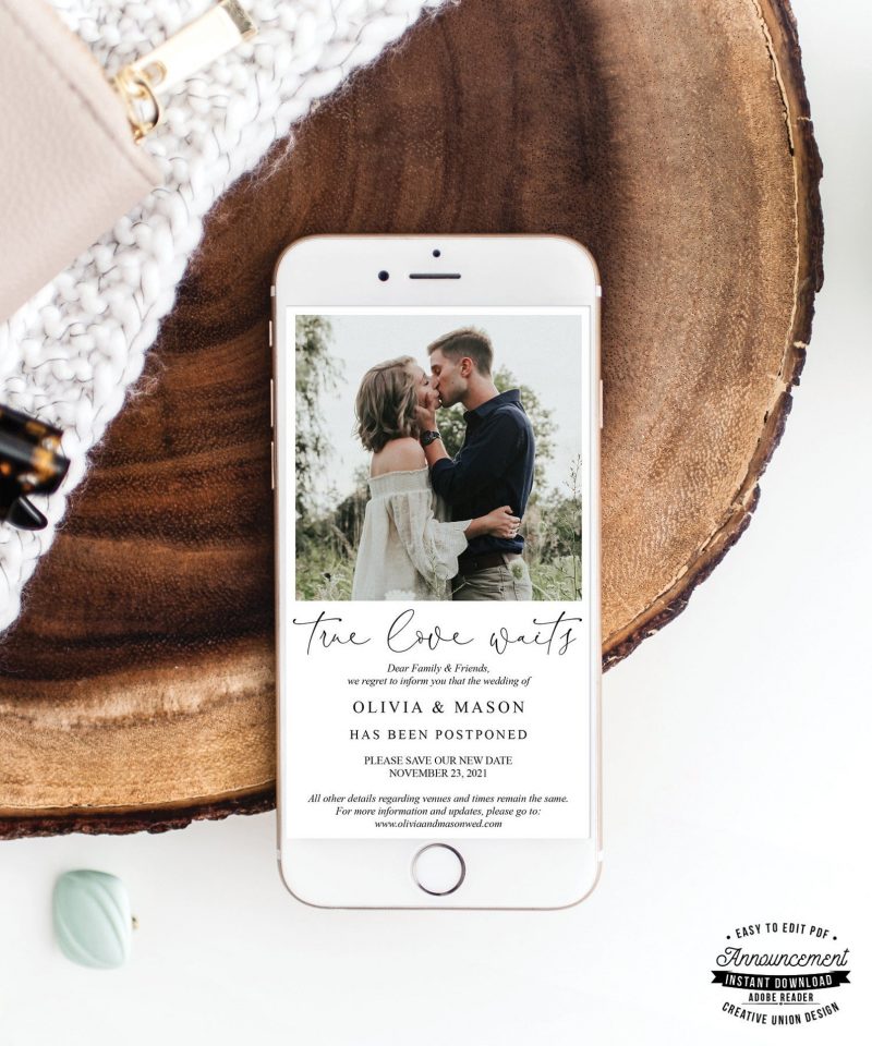 Wedding Postponed Announcement - Change The Date - ReSave The Date - Change of Plans - Text - Template - True Love Waits - Minimal £6.13