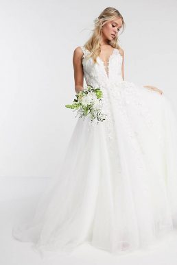 ASOS EDITION Isabella wedding dress plunge 3D floral embroidery Ivory