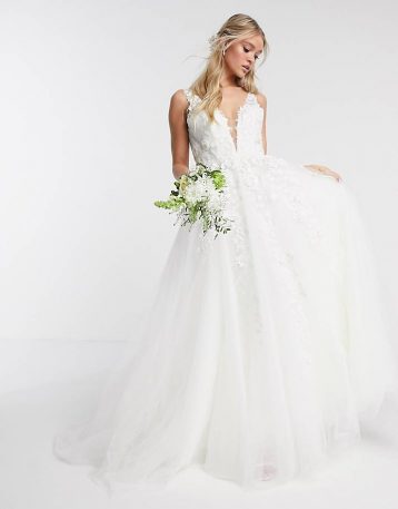 ASOS EDITION Isabella wedding dress plunge 3D floral embroidery Ivory