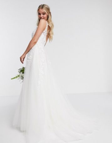 ASOS EDITION Isabella wedding dress plunge 3D floral embroidery Ivory