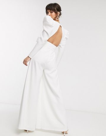 ASOS EDITION plunge wide leg jumpsuit with open back, White - Image 2