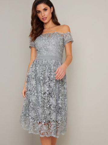 Chi Chi Cerise Lace Bardot Dress Silver