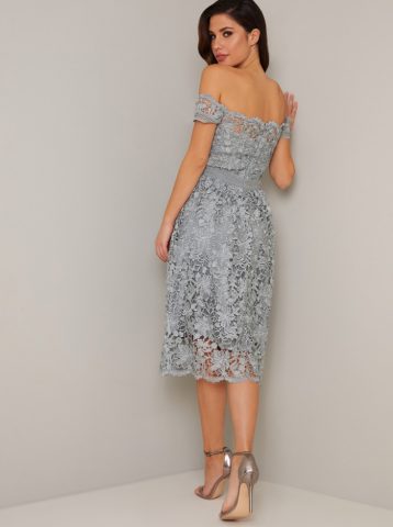 Chi Chi Cerise Lace Bardot Dress Silver