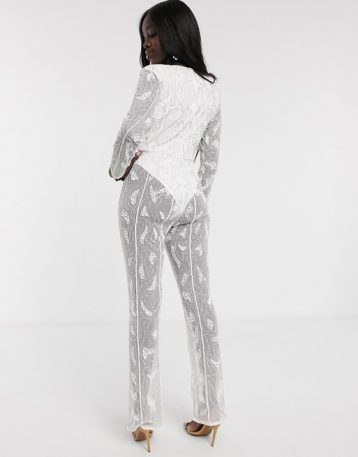 Dolly & Delicious all over embellished sheer leg jumpsuit in white