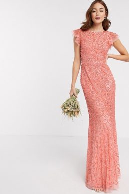 Maya Bridesmaid allover delicate sequin cap sleeve maxi dress in coral