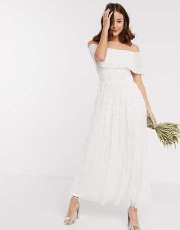 Maya Bridesmaid off shoulder overlay midaxi dress in white