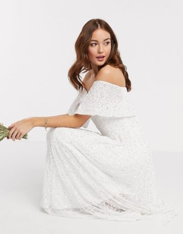 Maya Bridesmaid off shoulder overlay midaxi dress in white