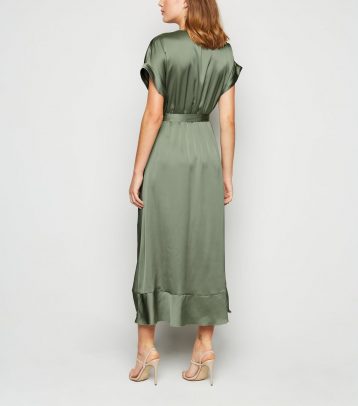 New Look Pale Khaki Green Satin Ruffle Trim Midi Wrap Dress