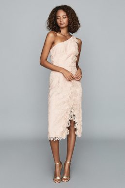 Reiss Mena One-Shoulder Lace Shift Dress Nude Pink