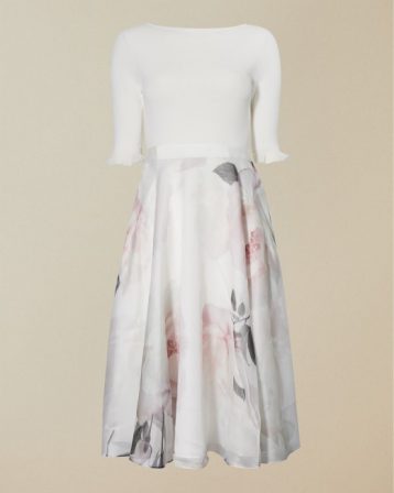 Ted Baker ILINE Bouquet print sleeve full skirt dress Ivory Pink