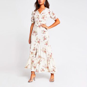 River Island Cream floral short sleeve midi dress