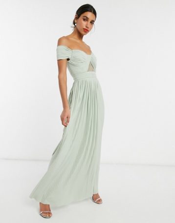 ASOS DESIGN Premium Fuller Bust lace and pleat bardot maxi dress in sage green