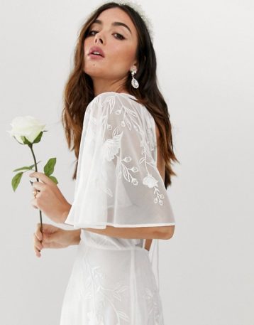 ASOS EDITION embroidered flutter sleeve wedding dress, White - Image 2