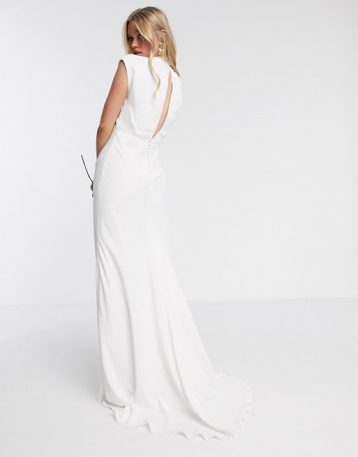 ASOS EDITION Rebecca ruched plunge satin wedding dress Ivory