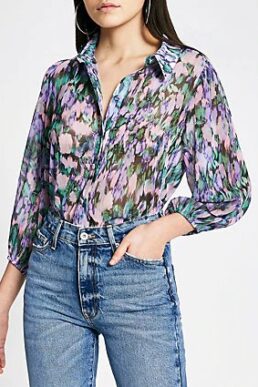 River Island Purple floral print chiffon sheer shirt Multi