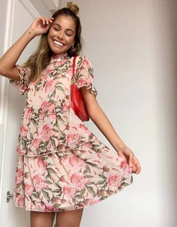 River Island floral tiered mini smock dress in pink multi