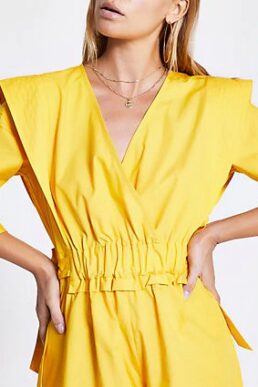 River Island Yellow ruched tie waist wrap playsuit