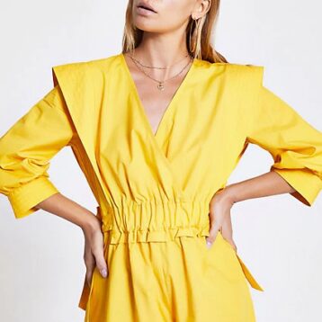 River Island Yellow ruched tie waist wrap playsuit