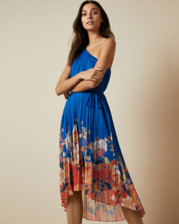 Ted Baker DAHLARI Cabana pleated one shoulder midi dress, Blue/Multi ...