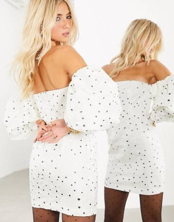 ASOS EDITION mini dress in spot jacquard White Black