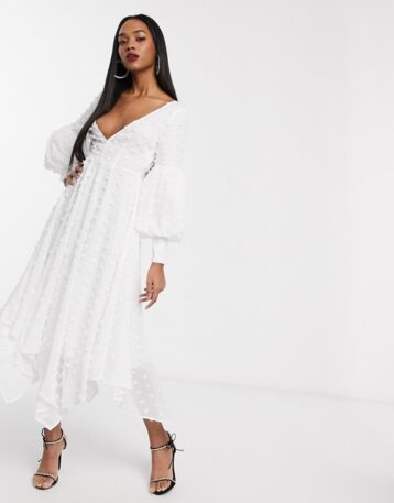 ASOS EDITION volume sleeve midi dress in textured spot White