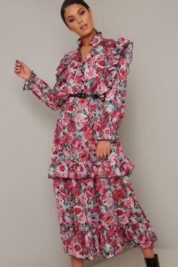 Chi Chi Zandria Floral Print Sleeve Dress Pink Black Multi